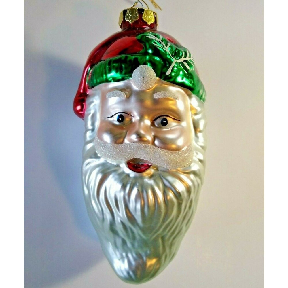 Huge Santa Claus Head Christmas Tree Ornament 8" Glitter Glass Moustache Holiday